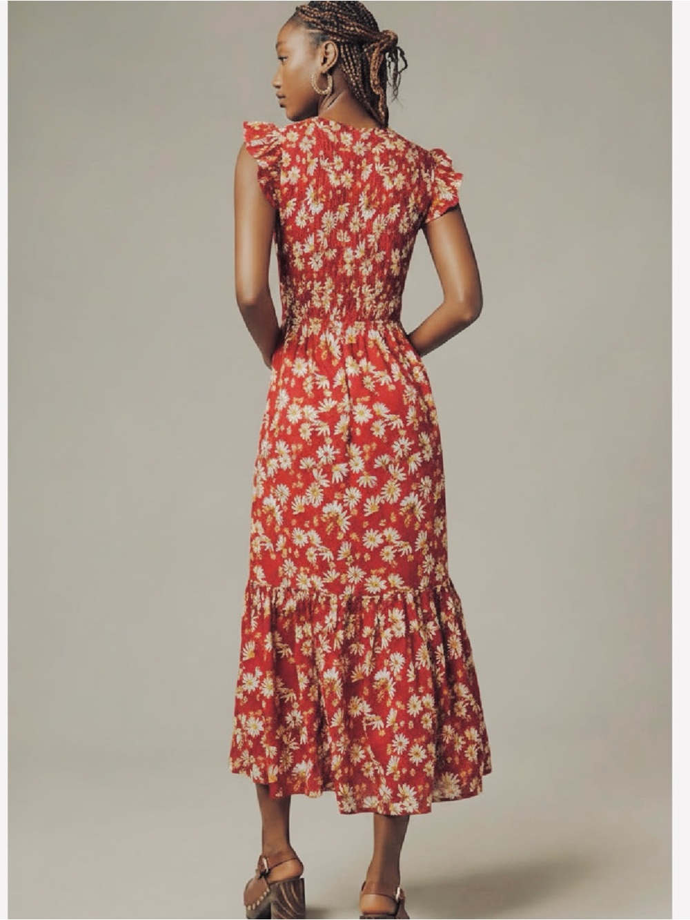 Anthropologie Peregrine Red Floral Midi Dress with Cream Daisy Print ❤️❤️ - Picture 2 of 2